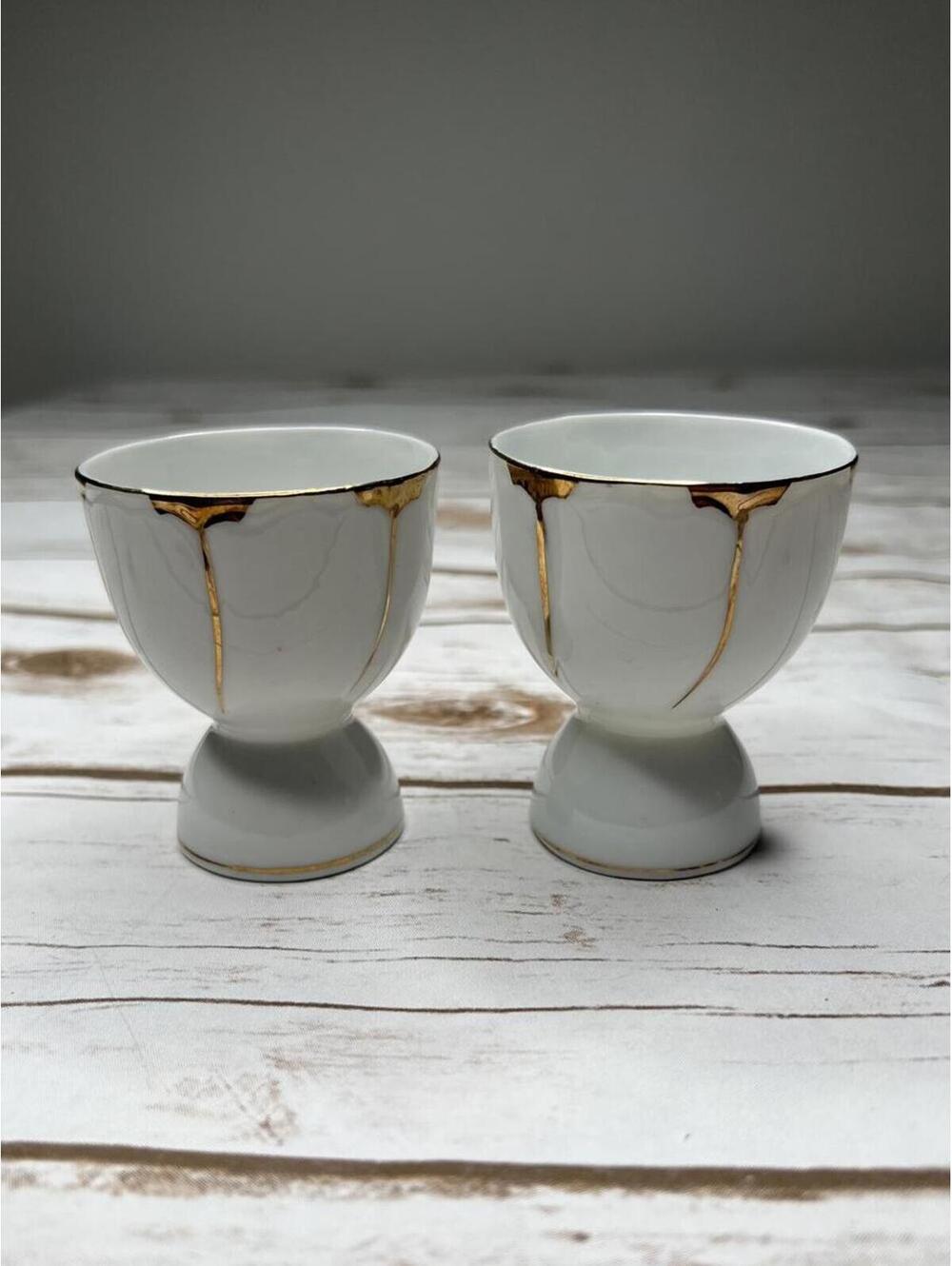 Vintage Gibson White Ceramic Egg Cups with Gold Trim - Set of 2